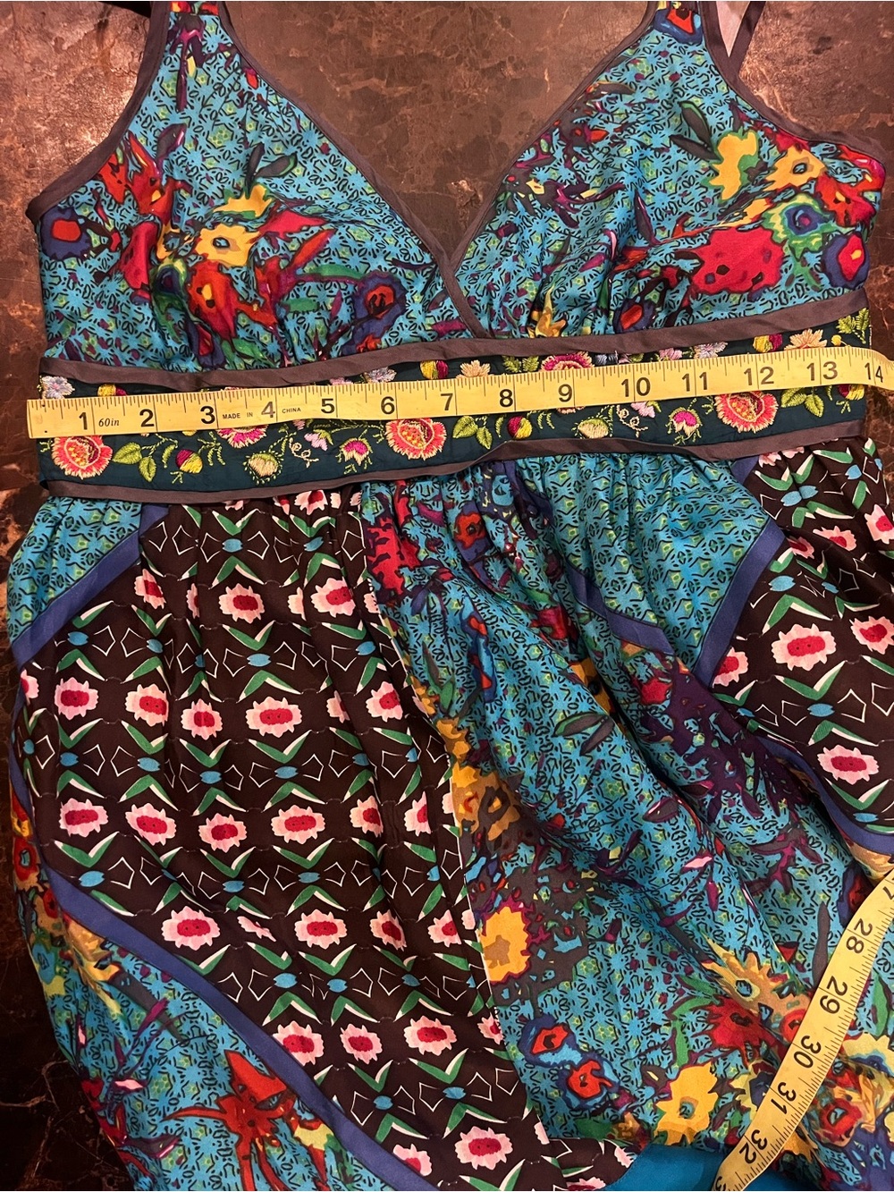 Johnny Was Silk Vibrant Floral Patchwork Sundress in Teal & Multi - Picture 14 of 16